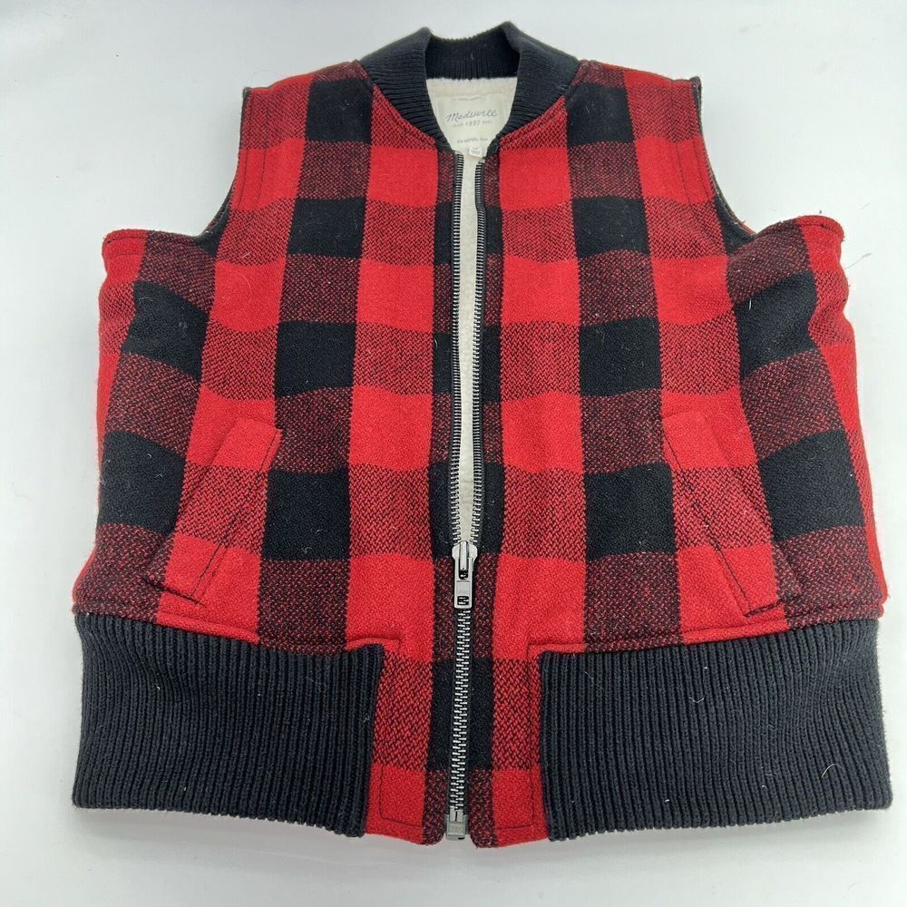 Womens MADEWELL Red/Black Wool Blend Sherpa Lined Buffalo Check Vest Sz M